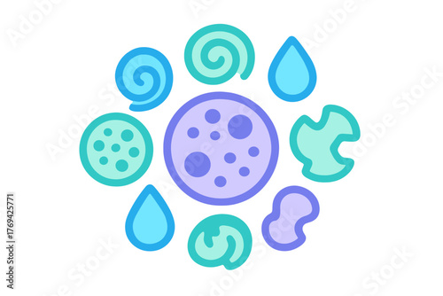 Colorful abstract shapes representing microorganisms and cellular structures