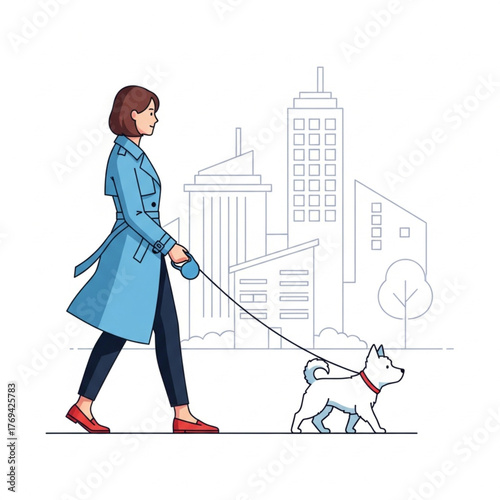 A woman in a blue trench coat walks her small white dog on a leash through a modern city street with minimalist buildings in the background.