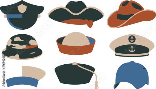 Assorted Uniform Hats Illustration Police, Cowboy, Sailor, Pirate, Graduation, and More!
