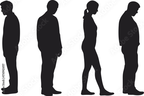 Human silhouette, slouched posture, introspective figure, emotional stance, black graphic, vector illustration, reflective mood, quiet design, thoughtful icon, stillnessHuman silhouette, 
