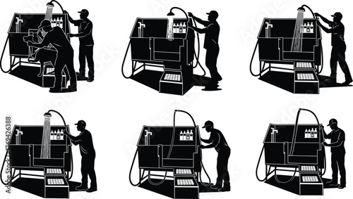 Silhouette vector illustration of worker operating industrial washing machine with control panel, water flow, cleaning process, maintenance, safety, equipment, and industry