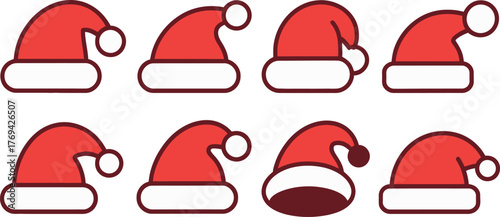 Cartoon Eight Red Santa Claus Hats with White Trim and Pompoms