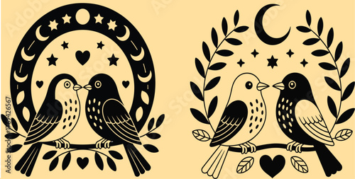 Transparent PNG available, vector art of two cute birds in love, vintage hand-drawn tattoo style illustration showing romantic couple, emotional unity symbol for greeting cards, wedding invitations, r