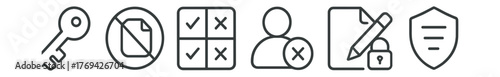 Series of icons that include a key, a check mark, a person, a pen