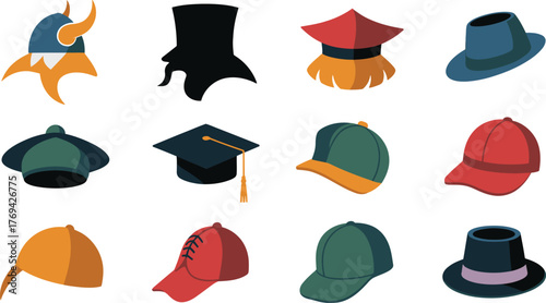 Cartoon Hats Collection Viking Helmet, Top Hat, Graduation Cap, Baseball Cap and More Designs
