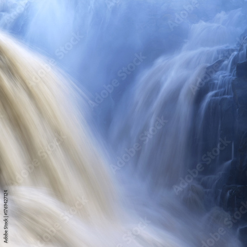 View of powerful waterfalls cascading over rugged rocks, churning up mist and spray, a dynamic display of nature's force, Dettifoss, NordurÃ¾ing, Iceland.
