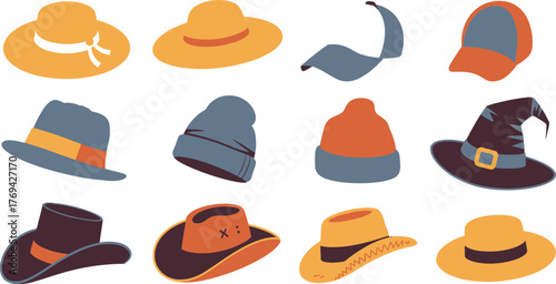 Cartoon Variety Colorful Collection of Hats Including Witch Hat and Cowboy Hat Graphics