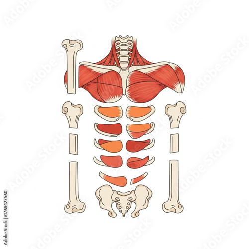 Anatomical illustration of the human torso muscles and skeletal structure, including the rib cage, sternum, clavicle, scapula, humerus, and pelvis.