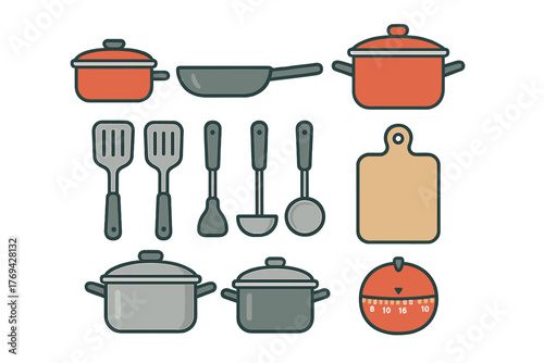 Collection of essential kitchen tools and cooking equipment including pots, pans, spatulas, and a timer