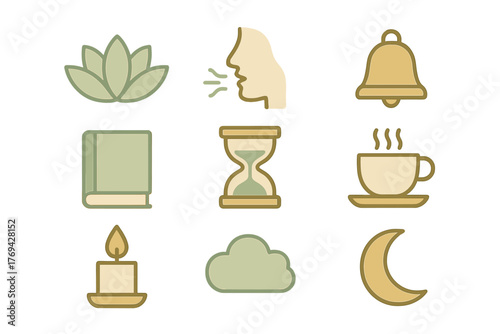 Mindfulness and Relaxation icons featuring Lotus, Breathing, Candle, and Hourglass