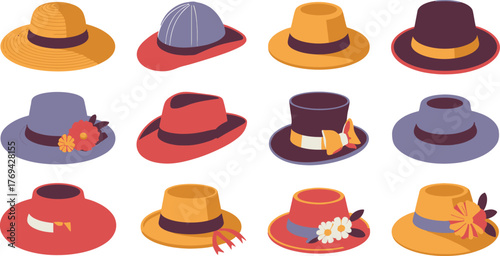 Colorful Assortment of Women's and Men's Hats, Including Fedoras and Top Hats, Illustration
