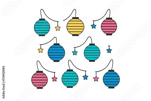 Colorful decorative hanging lanterns and stars seamless pattern background