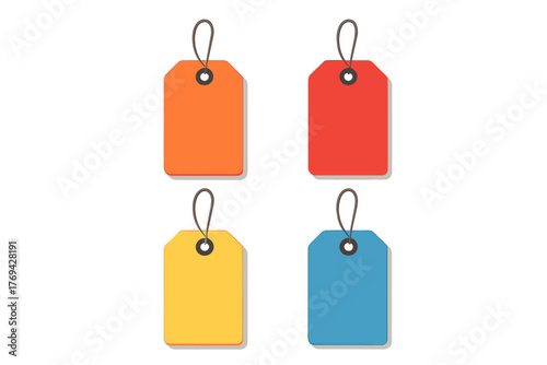 Collection of four colorful blank rectangular labels with strings for retail marketing