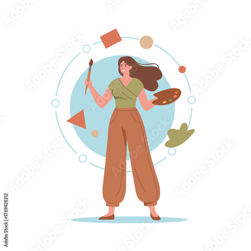 Minimalist Vector Illustration Of Creative Artist Holding Palette And Brush. Art, Design, Inspiration, Visionary