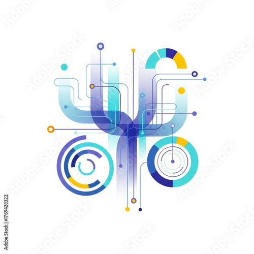 Abstract digital network with data visualization elements and interconnected lines in blue, purple, and yellow, representing technology and information flow.