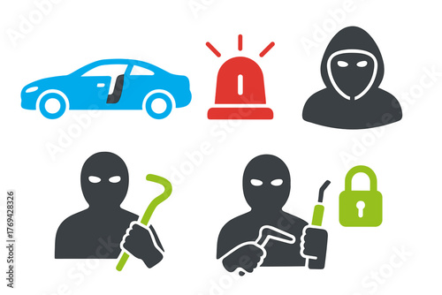 Collection of symbols depicting criminal activity, theft, car break-in, burglar, crowbar, lock picking tools, and alarm