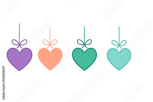 Four colorful hanging heart shapes tied with decorative bows for romantic design