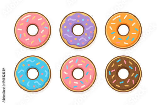 Six colorful glazed donuts with various toppings and sprinkles on white