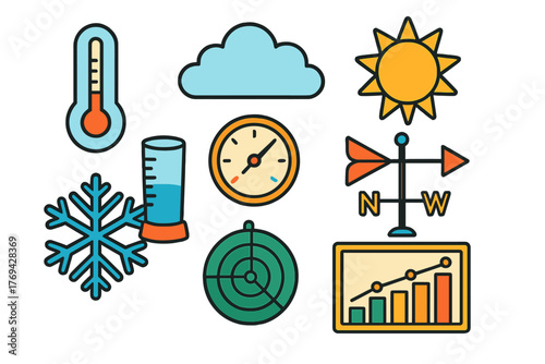 Meteorological symbols and weather forecasting icons for temperature, precipitation, and wind direction