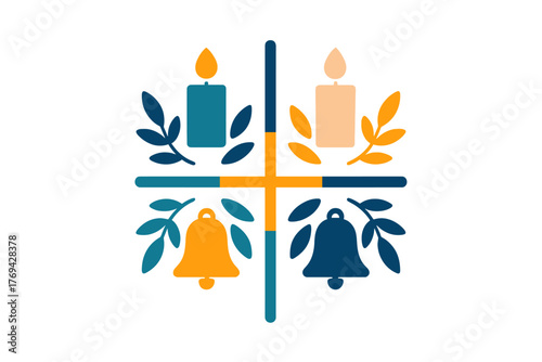 Symmetrical holiday design with burning candles, festive bells, and stylized foliage surrounding a central cross