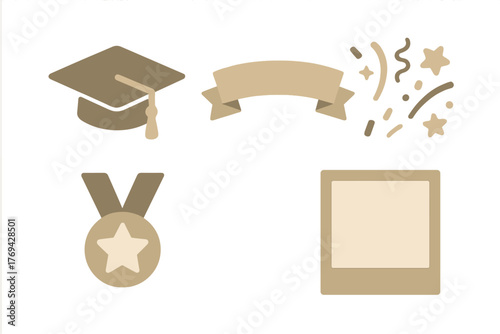 Graduation cap, award medal, celebration confetti, ribbon banner, and blank photo frame set