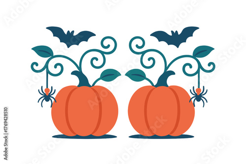 Symmetrical Halloween pumpkins with bats spiders and decorative swirling vines