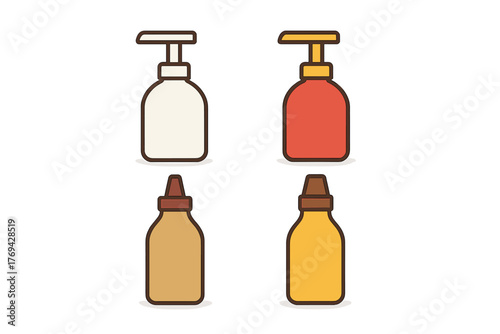 Set of colorful condiment bottles including ketchup, mustard, and creamy sauce dispensers