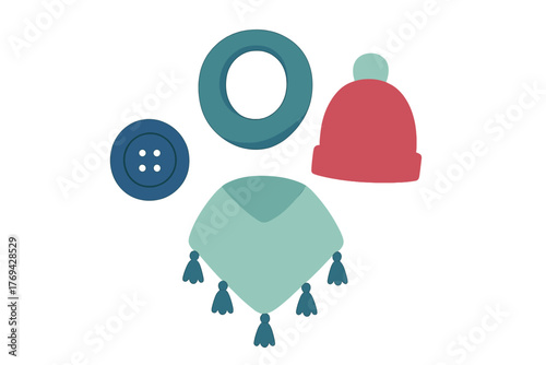 Cozy knit winter accessories set: beanie hat, scarf, neck warmer, and button