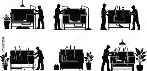 Silhouette vector illustration of worker operating screen printing machine with squeegee, ink, washing process, control panel, tools, workshop, and industry