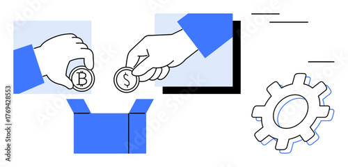 Hands placing crypto and dollar coins into a box, gear symbolizing innovation or productivity. Ideal for teamwork, funding, investment, technology, cryptocurrency, innovation, global cooperation