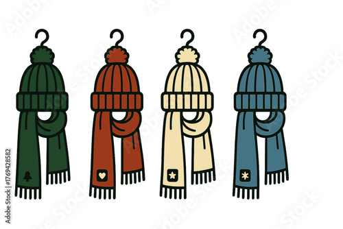 Assortment of cozy winter knitwear including hats with pom-poms and long fringed scarves