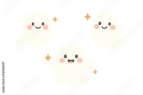 Trio of adorable friendly cartoon ghosts with rosy cheeks for Halloween