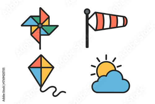 Set of colorful icons depicting a pinwheel, windsock, kite, and sunny cloud weather symbol