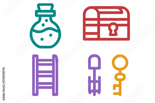 Fantasy adventure game assets: magic potion, locked treasure chest, wooden ladder, and golden key