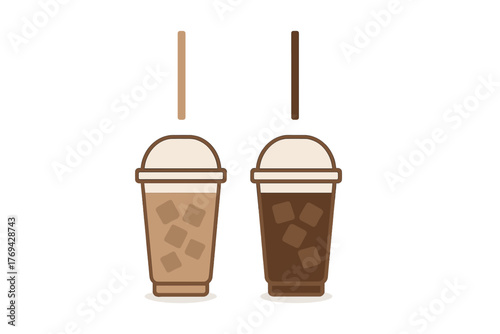 Two iced coffee drinks in plastic cups with straws and ice cubes on a white background