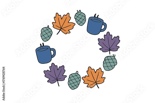 Autumnal wreath frame made of colorful maple leaves pine cones and hot steaming mugs