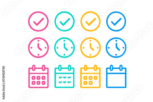 Colorful line icons set with checkmarks, clocks, and calendars for scheduling and time management