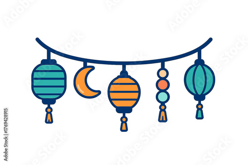 Colorful festive garland with traditional lanterns, crescent moon, and decorative beads
