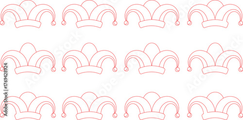 Seamless Pattern of Red Outline Jester Hats on White Background Festive Design