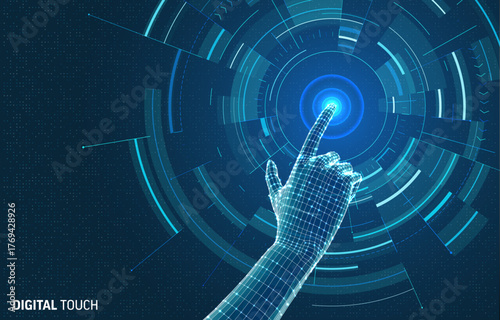 Futuristic tech concept with digital hand and finger touch on glowing button interface. Abstract vector design of virtual screen, data connection, and communication system. Blue technology background