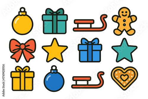 Collection of festive winter holiday icons featuring gift boxes, ornaments, stars, and baked goods