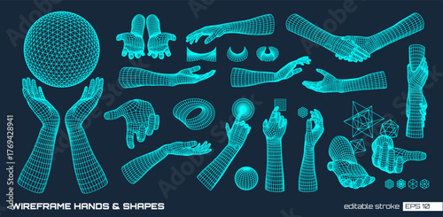 Editable stroke vector set of 3D wireframe hands, geometric shapes, concepts. Futuristic digital care and help globe concept in cyber, Y2K, and techno style. For AI, VR, and tech graphic backgrounds.