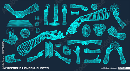 Editable stroke vector set of 3D wireframe hands, abstract geometric shapes, concepts. Digital touch, handshake design in futuristic cyber, Y2K techno style. For AI, vr, and graphic tech backgrounds.