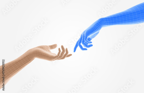3D digital hands reaching for contact. AI and human partnership concept. Abstract vector design of connection, communication, trust, and cooperation in modern technology, cyber interaction art