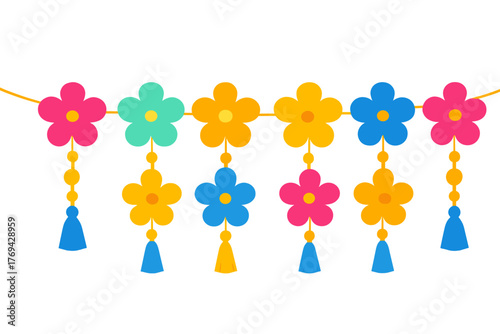 Brightly colored stylized flower garland with dangling tassels for festive decoration