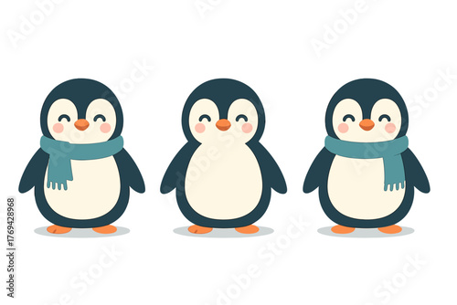 Three cartoon penguins standing together smiling, two wearing warm blue winter scarves