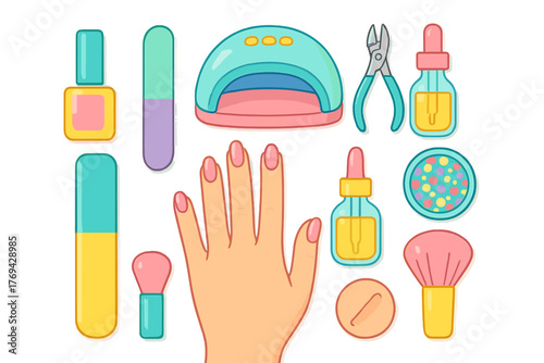 Flat lay arrangement of essential manicure instruments UV lamp nail polish and cuticle tools