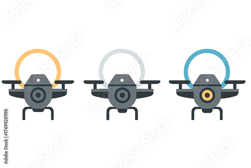 Set of three stylized unmanned aerial vehicles featuring different colored status rings