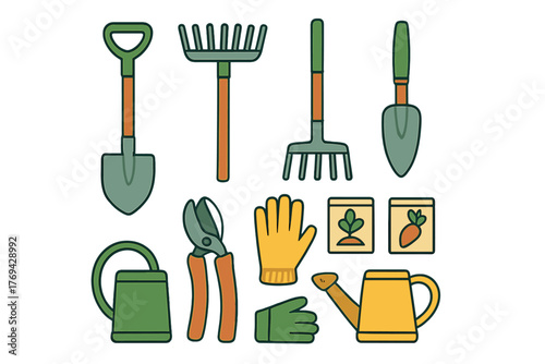 Set of essential gardening tools and supplies including shovel rake trowel gloves and watering can