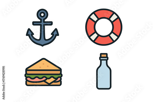 Nautical and picnic objects set featuring an anchor, life preserver, sandwich, and glass bottle